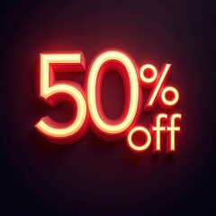 Eye-catching neon sign displaying 50% off, perfect for advertisements, promotions, and marketing materials aimed at attracting customers to sales and discounts.