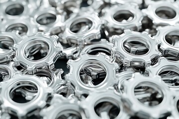 Obraz premium High-Angle Close-Up of Shiny, Interlocking Metal Gears with a Subtle Glow