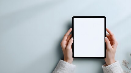 a hand holding a tablet with a blank screen, presented against a blurred backdrop that suggests a person taking a selfie