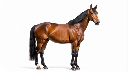 Obraz premium Realistic Brown Horse with Black Mane Standing Isolated on White Background