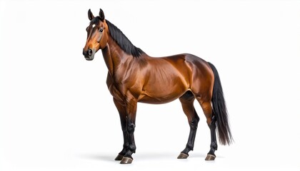 Obraz premium Realistic Brown Horse with Black Mane Standing Isolated on White Background