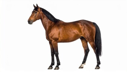 Obraz premium Realistic Brown Horse with Black Mane Standing Isolated on White Background
