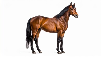 Obraz premium Realistic Brown Horse with Black Mane Standing Isolated on White Background