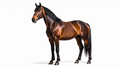 Fototapeta premium Realistic Brown Horse with Black Mane Standing Isolated on White Background