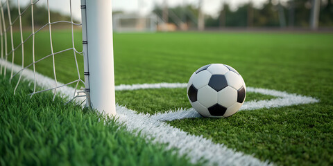 Soccer ball on field near goal post sports equipment game day action
