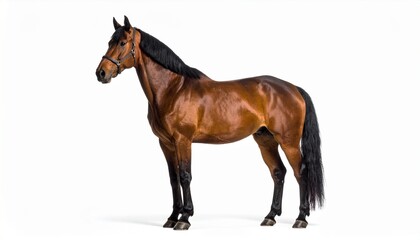 Obraz premium Realistic Brown Horse with Black Mane Standing Isolated on White Background
