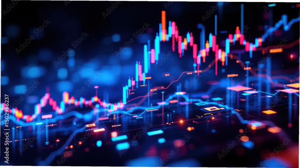 Poster glowing financial chart with blue and red lines, digital data visualization, futuristic cyber theme,