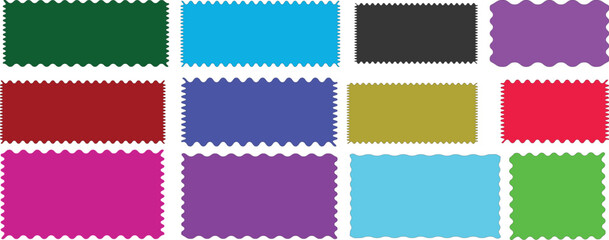 Colorful scalloped frames. Geometric shapes stickers with zigzag wavy edge. Rectangle shape frame with wavy edge. Set of frames with zigzag edge, scallop edge shapes.