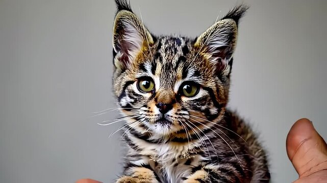 Adorable miniature cat, small, cute animal in human hand, mini pet, bond with nature, beautiful wildlife	