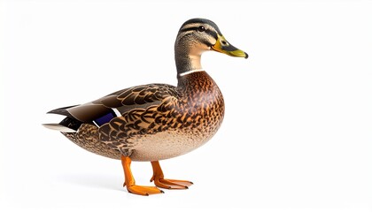 Obraz premium Realistic Domestic Duck with Yellow Beak Standing Isolated on White Background