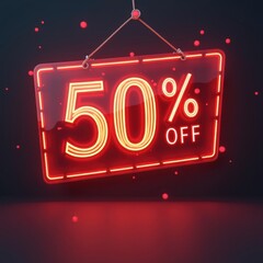 Vibrant neon sign showcasing a 50% off promotion, perfect for retail advertising, sales campaigns, and business marketing materials.