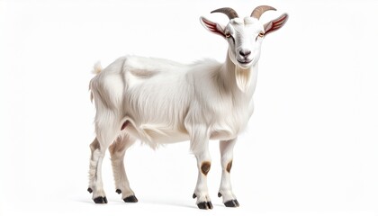 Realistic Domestic Goat with Small Horns Standing Isolated on White Background