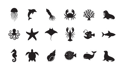 Sea creature life animal black silhouette design bundle, set of fish, crab, seahorse logo icon clip art