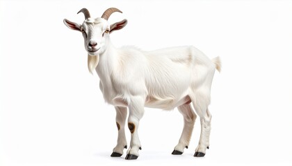 Realistic Domestic Goat with Small Horns Standing Isolated on White Background