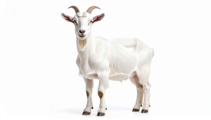 Obraz premium Realistic Domestic Goat with Small Horns Standing Isolated on White Background