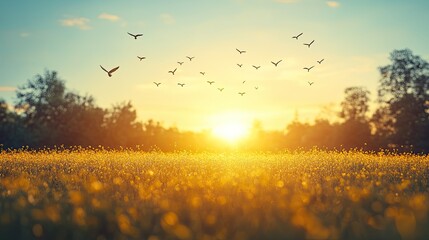 Sunset Birds Flying Field Meadow.
