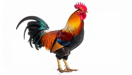 Fototapeta premium Realistic Rooster with Colorful Feathers and Red Comb Isolated on Pure White Background