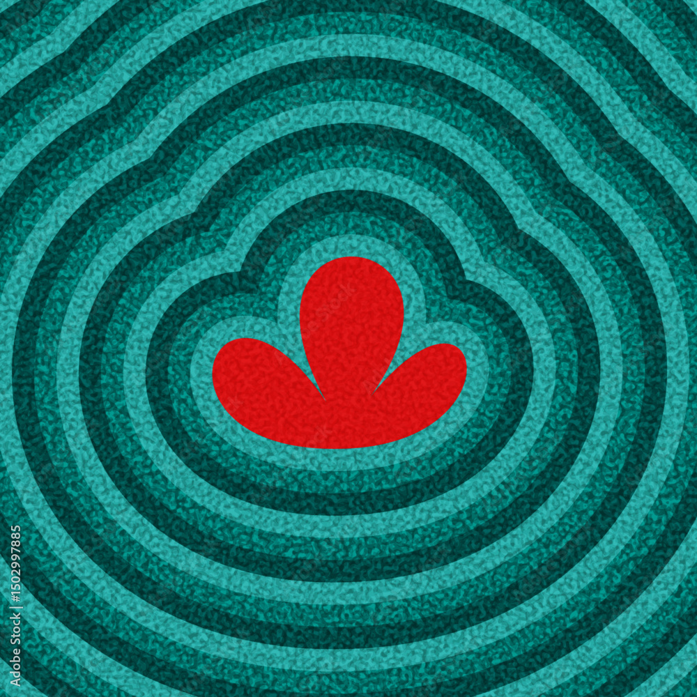 Poster bold red abstract petal centered in layered teal concentric waves. vector illustration with retro te