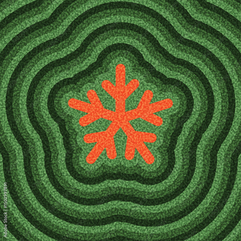 Poster geometric red snowflake centered in layered green wavy lines with a bold retro texture. vector illus