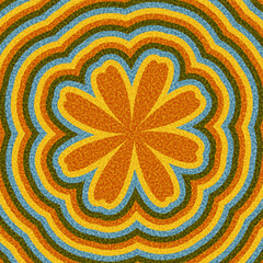 Bright orange flower with ten petals radiates outward amid layered yellow, green, and blue ripples. Vector illustration.