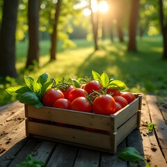 wooden crate filled with fresh ripe tomatoes