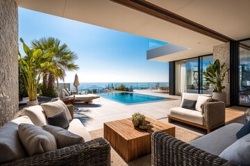 Fototapeta premium luxury beachfront terrace with modern wicker furniture, ocean view swimming pool, tropical plants, stone wall accents, and panoramic sea horizon under bright blue sky on a sunny day