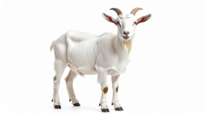 Realistic White Domestic Goat with Small Horns Standing Isolated on Pure White Background