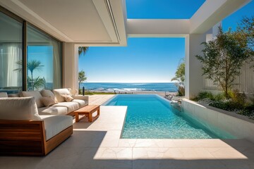 Fototapeta premium luxury beachfront villa terrace with infinity pool, white cushioned outdoor seating, panoramic ocean view, modern architecture, tropical plants, and clear blue sky on a sunny coastal day