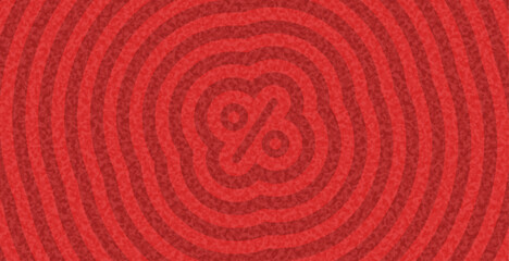 Vector illustration of a subtle red percent icon at the center of red concentric ripple lines with a textured effect.