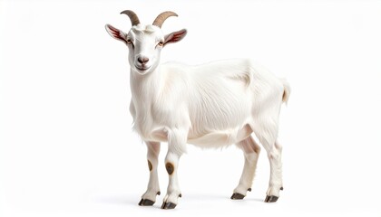 Obraz premium Realistic White Domestic Goat with Small Horns Standing Isolated on Pure White Background