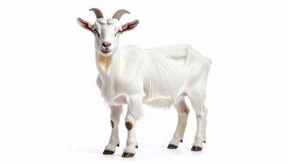 Realistic White Domestic Goat with Small Horns Standing Isolated on Pure White Background