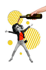 Creative drawing collage picture of funny excited energetic young female hand hold bottle pour wine alcohol dance discotheque have fun