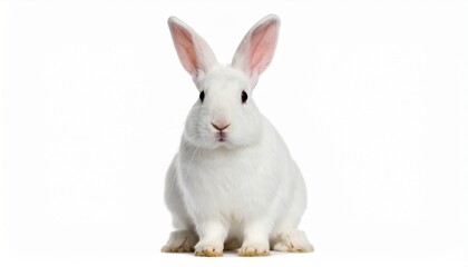 Obraz premium Realistic White Domestic Rabbit Sitting Isolated on White Background with Soft Fur Texture