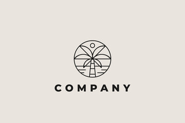 vintage style palm tree with sunset and sea on circle logo