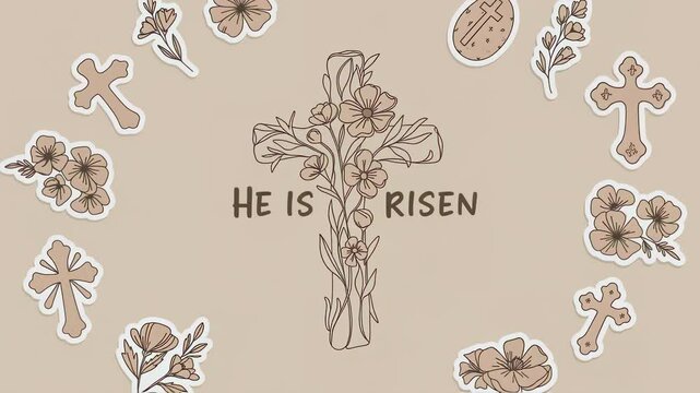 Floral greeting video illustration "He is risen". Floral greeting card design featuring a cross and the phrase "He is risen" in elegant font surrounded by colorful hand drawn flowers.