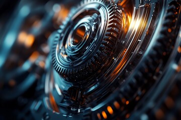 Fototapeta premium Intricate Interlocking Mechanical Gears with a Warm Glow - Precision Engineering and Industrial Technology