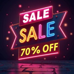Vibrant neon sign promoting a 70% off sale, perfect for attracting customers during promotional events and sales in retail businesses.