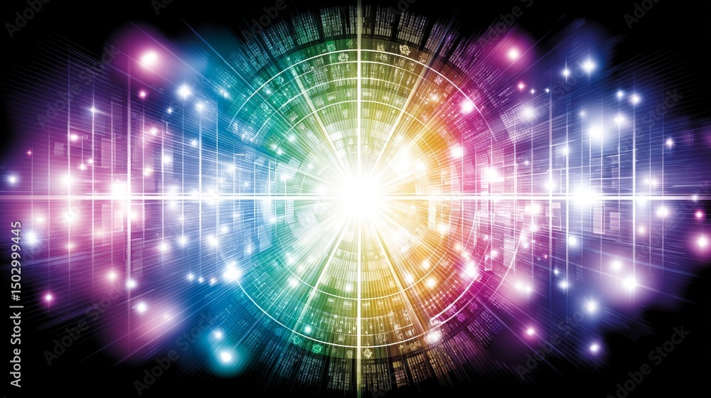 Poster data stream - abstract depicting a vibrant, colorful data stream radiating from a central point. per