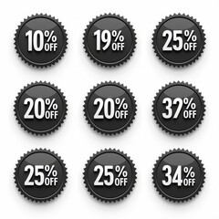 Fototapeta premium A collection of sale badges featuring various discounts, ideal for promoting limited-time offers in retail, online stores, and marketing campaigns.