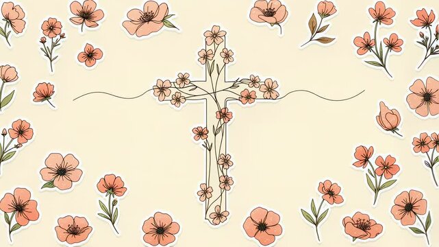 Floral greeting video illustration "He is risen". Floral greeting card design featuring a cross and the phrase "He is risen" in elegant font surrounded by colorful hand drawn flowers.