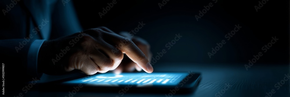 Poster late night data analysis - close-up of hands using a tablet in low light, analyzing data or working 