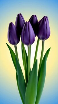 Synchronized dance of purple tulip buds opening to reveal smooth blossoms over time