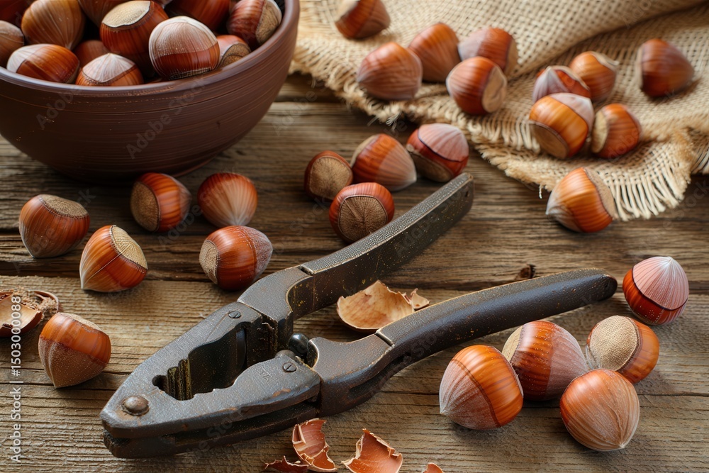 Poster a wooden bowl filled with whole nuts, a nutcracker tool, and scattered nuts on a rustic table.