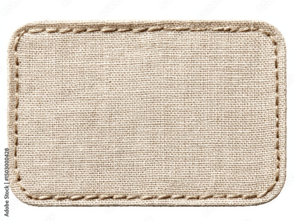 Poster ecofriendly product design, a blank rectangular beige fabric patch with visible stitching around the