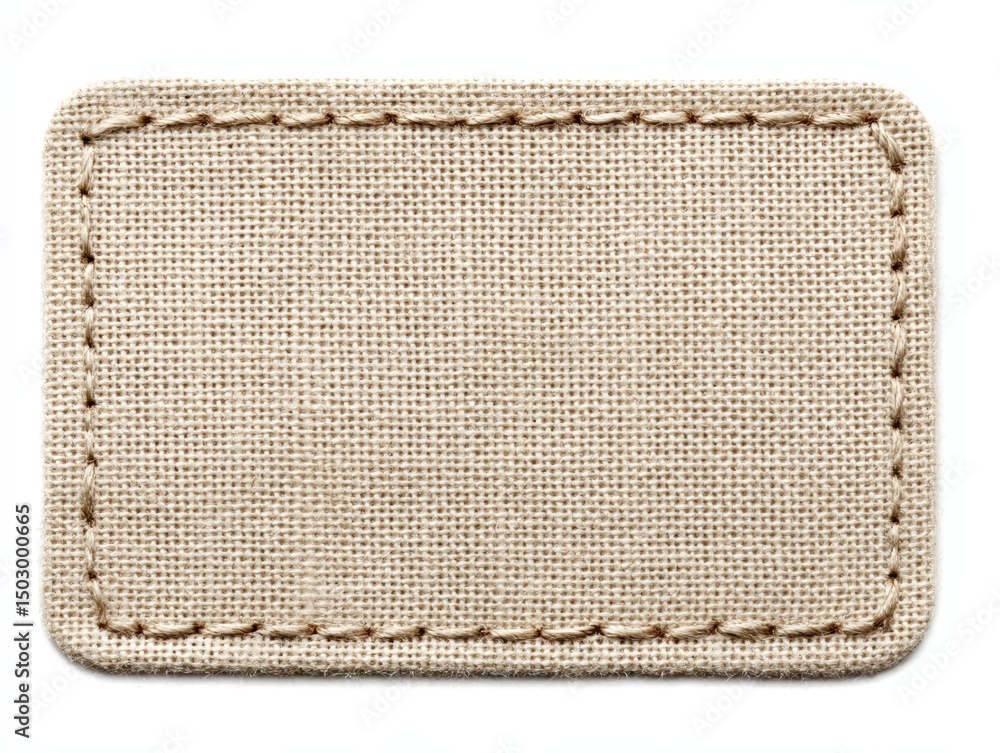 Poster ecofriendly product design, a blank rectangular beige fabric patch with visible stitching around the