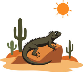 Vector Illustration of Black Desert Lizard on Rock Under Sun with Cactus Plants in Flat Style