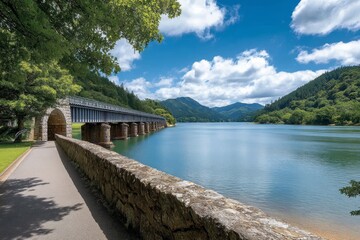Obraz premium Serene Lake Bridge Pathway - Tranquil lake scene, bridge, pathway, mountains, and blue sky symbolizing peace, journey, nature, connection, and escape