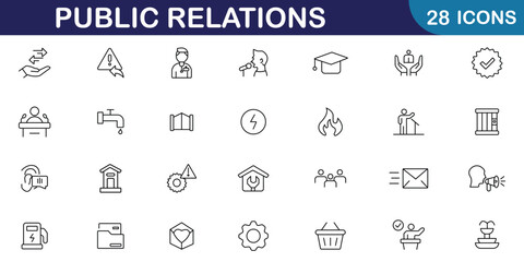 Public relations web icon set in line style. Containing design business, public relations, management, social media, news, corporate and process icons. Vector illustration. eps 10