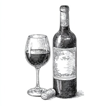Sketch engraving of wine bottle and glass with cork on white background in vintage hand-drawn style