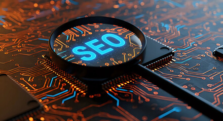 A "SEO" sign seen through magnifying glass on vibrant circuit board - web analytics and keywords research in search engine optimization and digital marketing concept